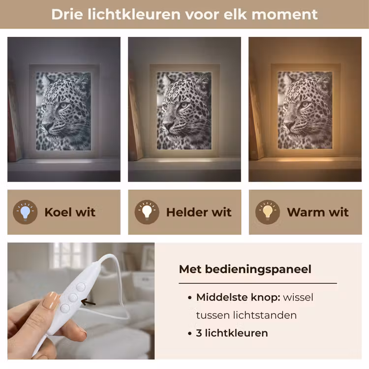Luipaard - Zwart - Wit - Oog Light Box met kabel (Tafellamp) klein -USP_lichtkleurNL