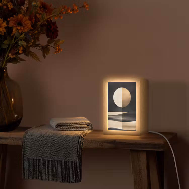 Maan - Cirkel - Goud Light Box met kabel (Tafellamp) klein -sfeer4
