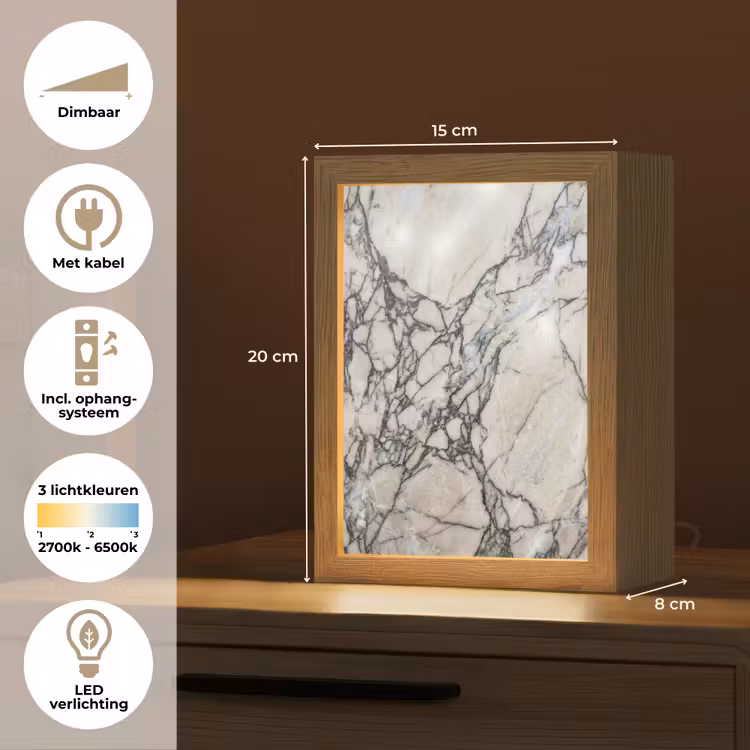 Marmer - Aderen - Patroon - Wit - Grijs Light Box met kabel (Tafellamp) klein -USP_NL