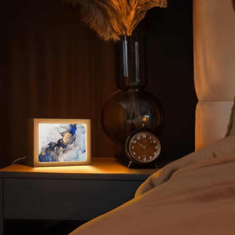 Marmer - Blauw - Goud Light Box met kabel (Tafellamp) klein -sfeer1