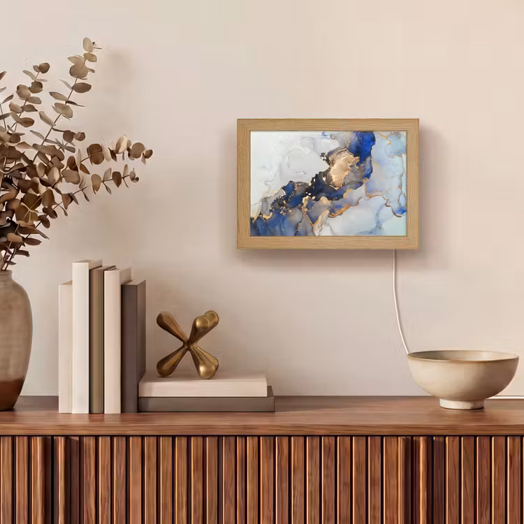 Marmer - Blauw - Goud Light Box met kabel (Tafellamp) klein -sfeer2