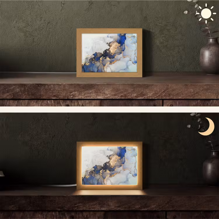Marmer - Blauw - Goud Light Box met kabel (Tafellamp) klein -sfeer3