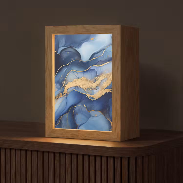 Marmer - Blauw - Goud - Abstract Light Box met kabel (Tafellamp) klein -z3d_website