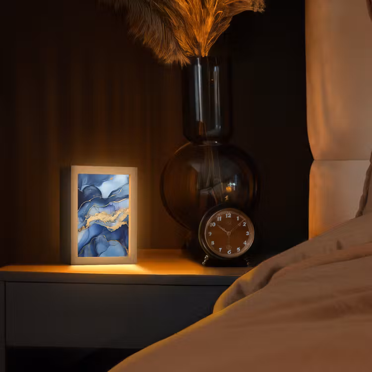 Marmer - Blauw - Goud - Abstract Light Box met kabel (Tafellamp) klein -sfeer1