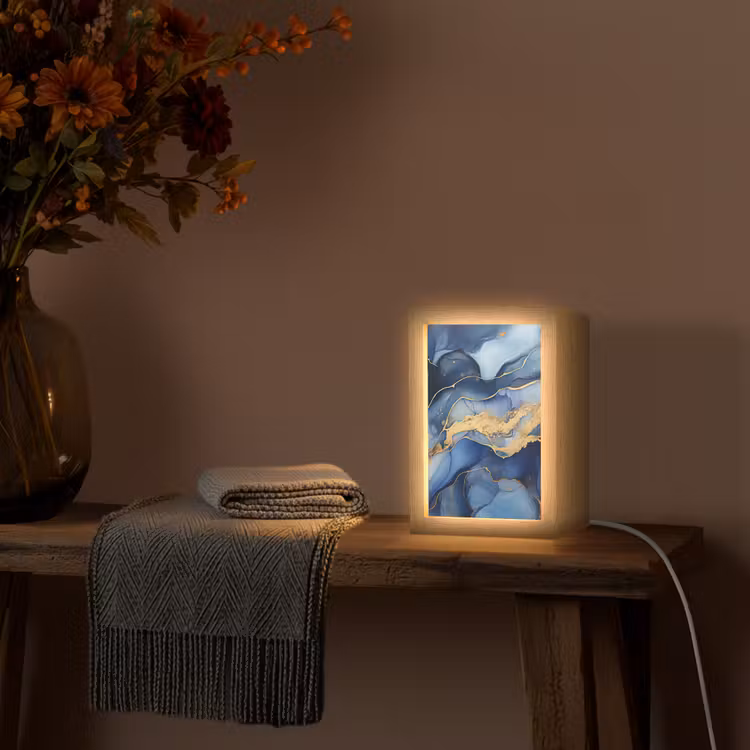 Marmer - Blauw - Goud - Abstract Light Box met kabel (Tafellamp) klein -sfeer4
