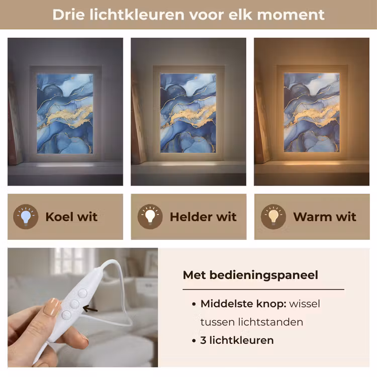 Marmer - Blauw - Goud - Abstract Light Box met kabel (Tafellamp) klein -USP_lichtkleurNL