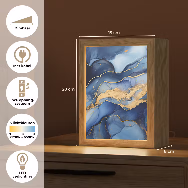 Marmer - Blauw - Goud - Abstract Light Box met kabel (Tafellamp) klein -USP_NL