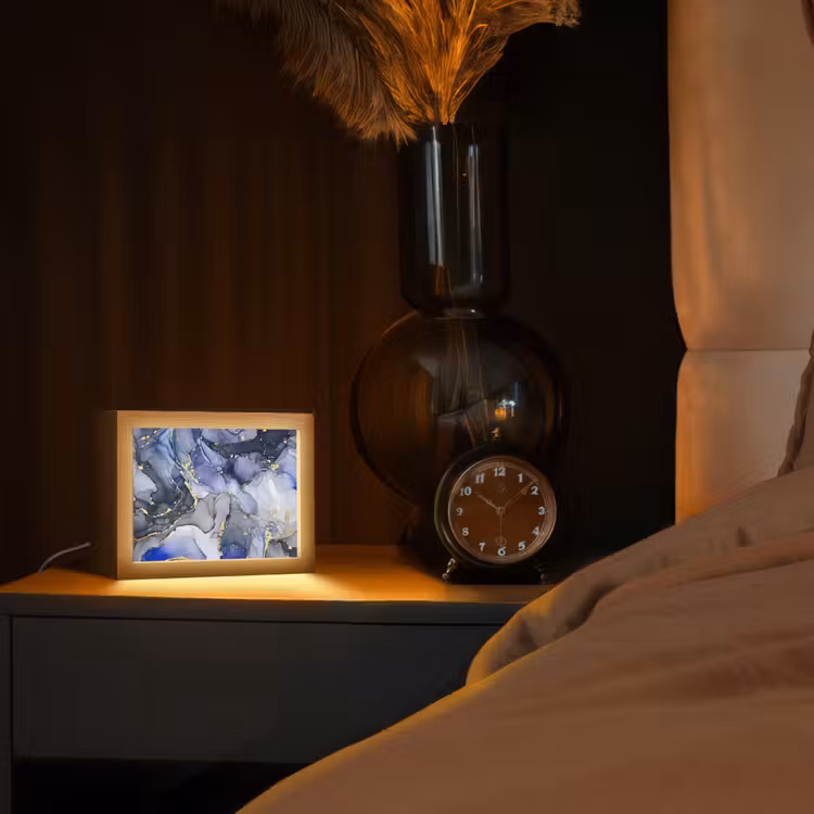 Marmer - Goud - Abstract - Blauw Light Box met kabel (Tafellamp) klein -sfeer1