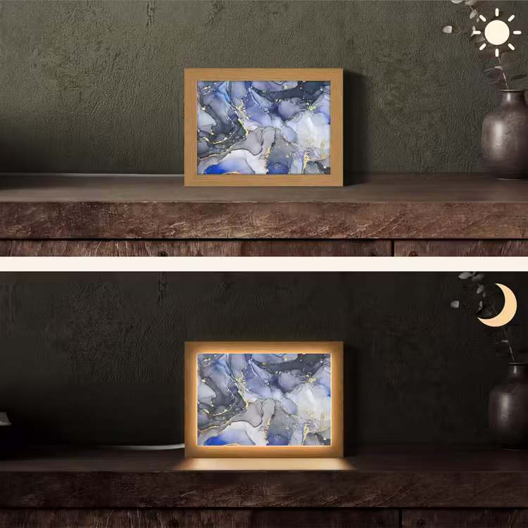 Marmer - Goud - Abstract - Blauw Light Box met kabel (Tafellamp) klein -sfeer3