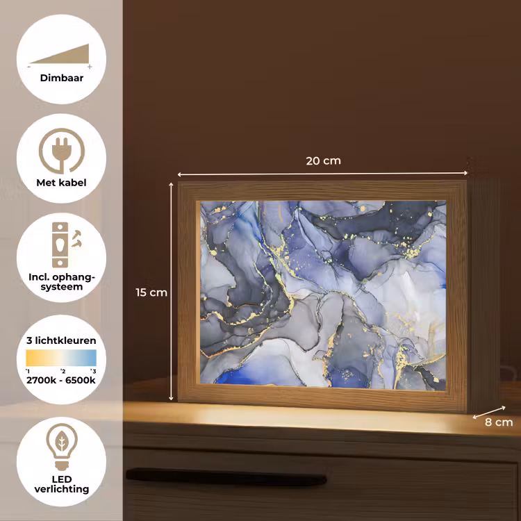 Marmer - Goud - Abstract - Blauw Light Box met kabel (Tafellamp) klein -USP_NL