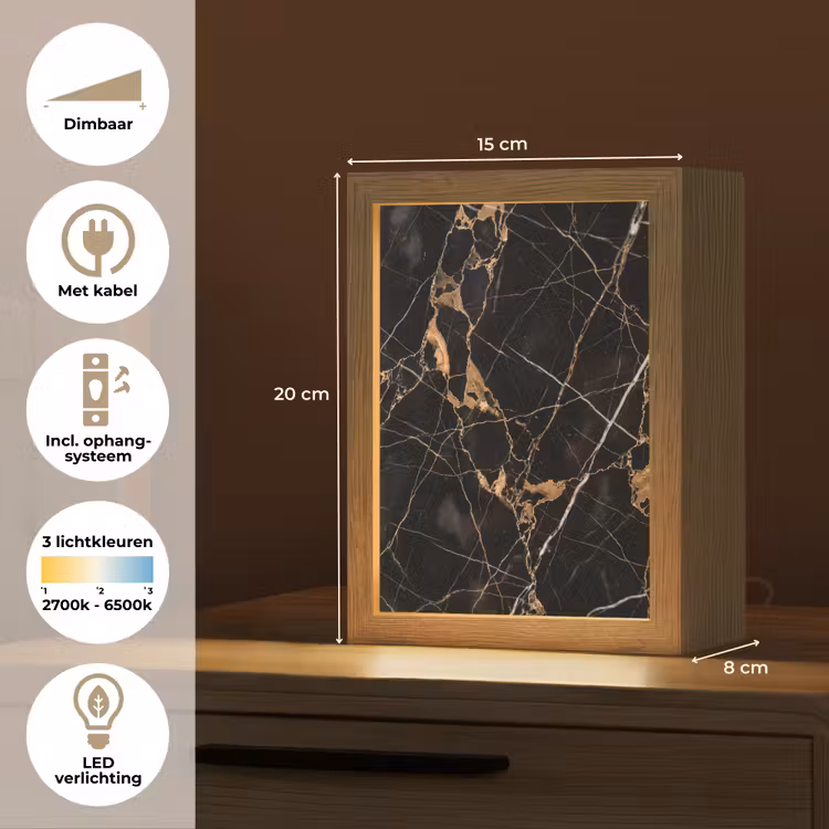 Marmer - Goud - Abstract - Zwart Light Box met kabel (Tafellamp) klein -USP_NL