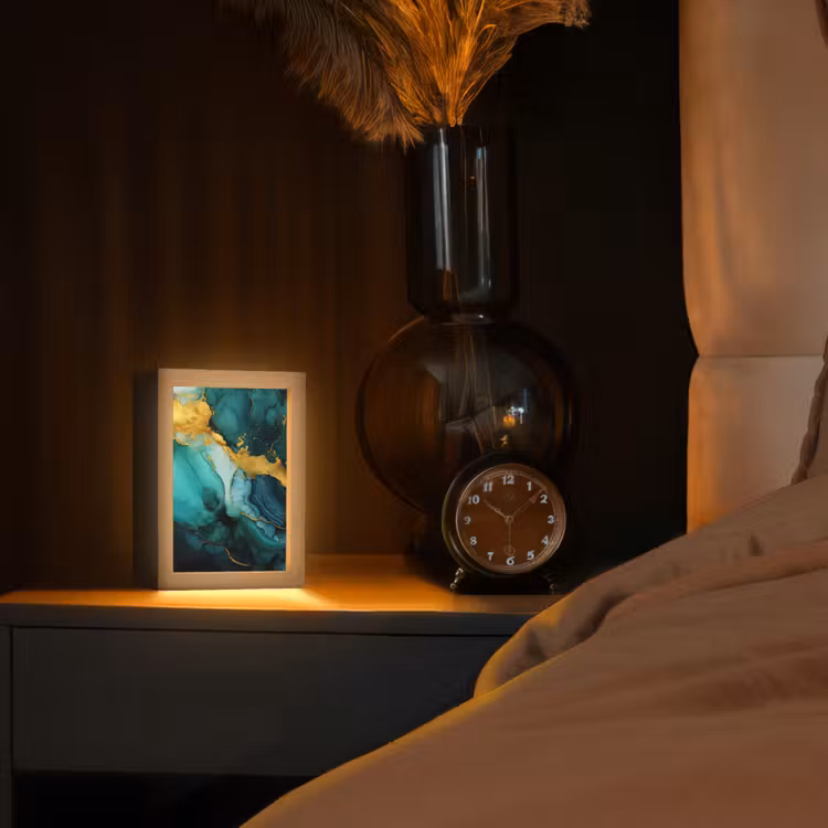 Marmer - Goud - Blauw groen - Abstract - Turquoise Light Box met kabel (Tafellamp) klein -sfeer1