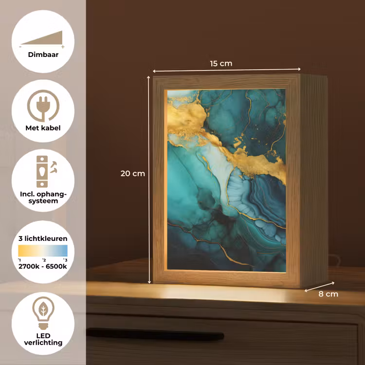 Marmer - Goud - Blauw groen - Abstract - Turquoise Light Box met kabel (Tafellamp) klein -USP_NL