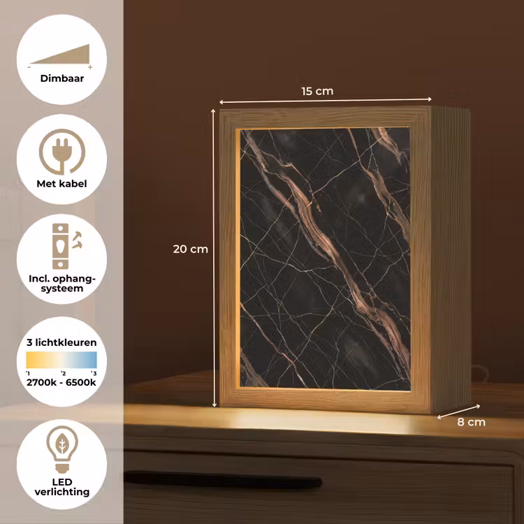 Marmer - Goud - Patroon - Luxe - Zwart Light Box met kabel (Tafellamp) klein -USP_NL