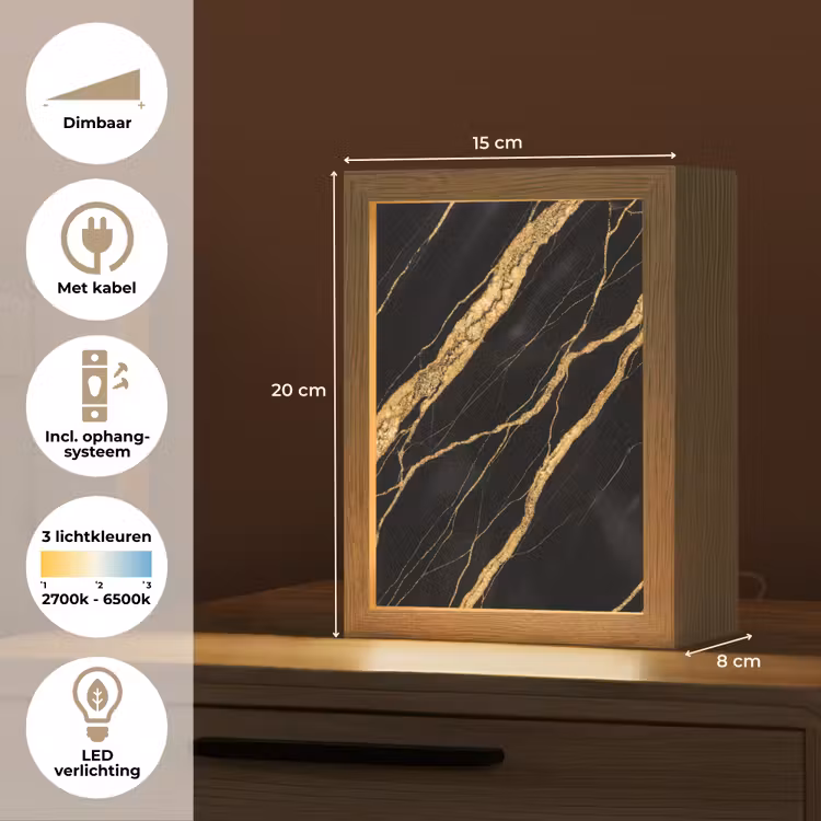 Marmer - Goud - Textuur - Abstract - Zwart Light Box met kabel (Tafellamp) klein -USP_NL