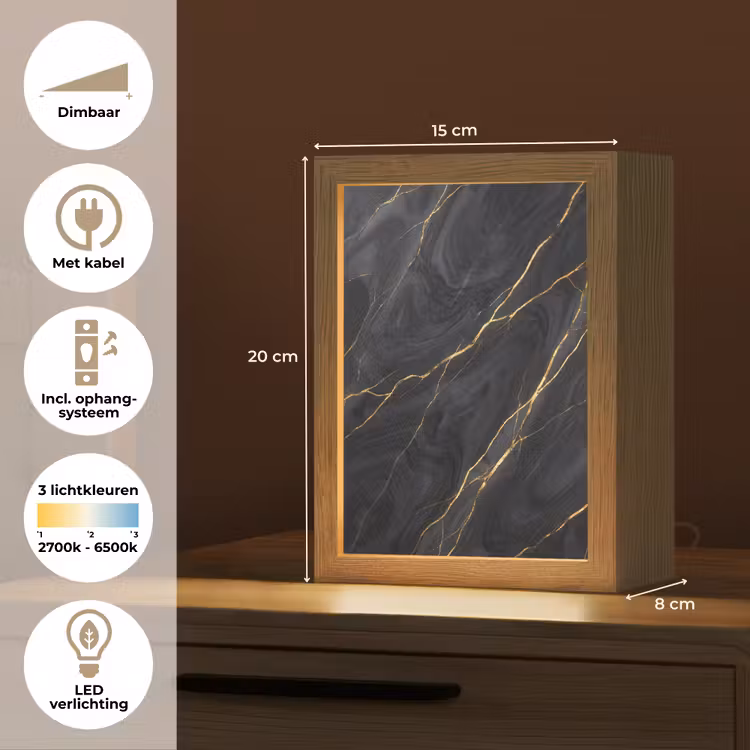 Marmer - Goudaders - Abstract - Modern - Zwart Light Box met kabel (Tafellamp) klein -USP_NL
