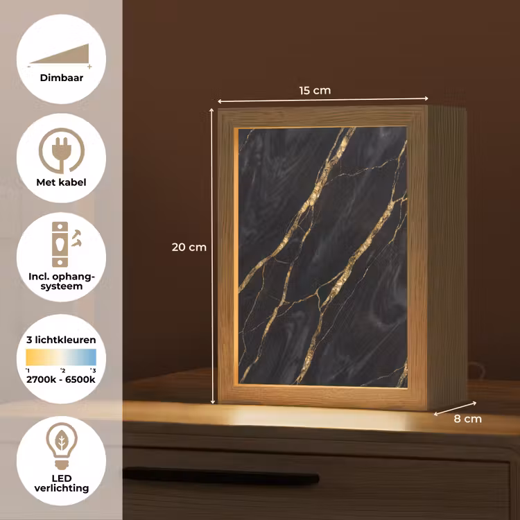 Marmer - Gouden aders - Abstract - Zwart Light Box met kabel (Tafellamp) klein -USP_NL