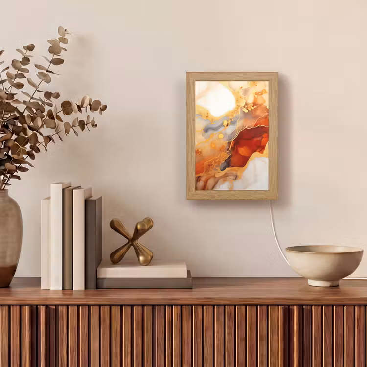 Marmer - Oranje - Goud - Modern - Abstract Light Box met kabel (Tafellamp) klein -sfeer2
