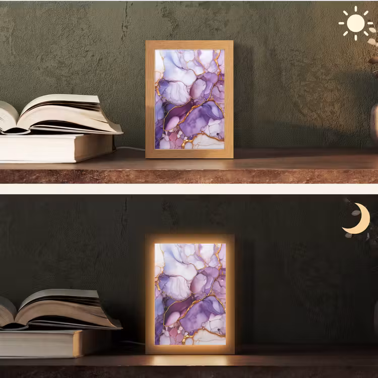 Marmer - Paars - Lila - Goud Light Box met kabel (Tafellamp) klein -sfeer3