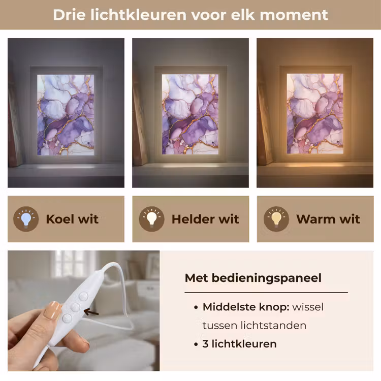 Marmer - Paars - Lila - Goud Light Box met kabel (Tafellamp) klein -USP_lichtkleurNL