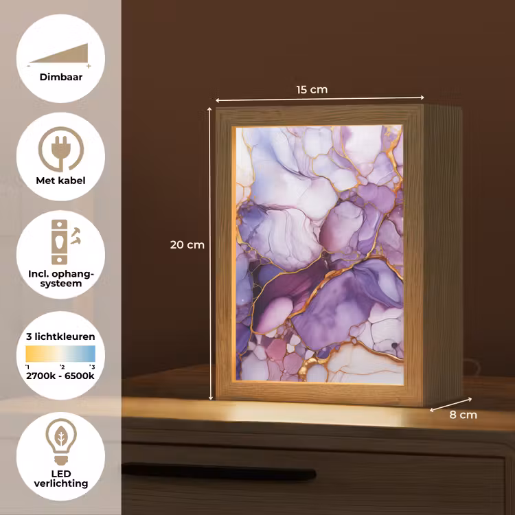 Marmer - Paars - Lila - Goud Light Box met kabel (Tafellamp) klein -USP_NL