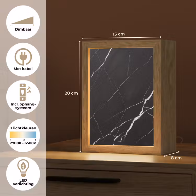 Marmer - Patroon - Abstract - Modern - Zwart Light Box met kabel (Tafellamp) klein -USP_NL
