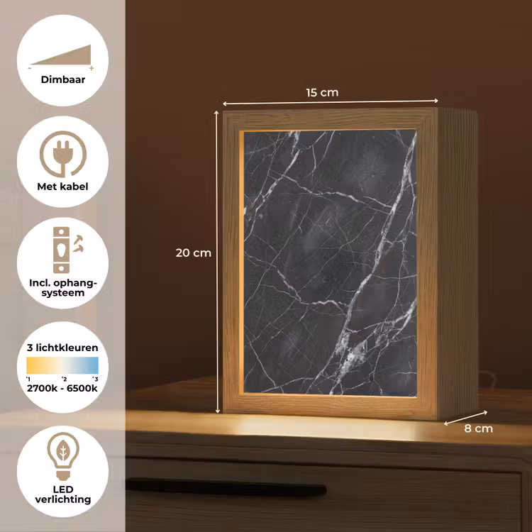 Marmer - Patroon - Modern - Zwart - Wit Light Box met kabel (Tafellamp) klein -USP_NL
