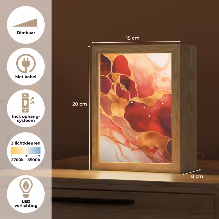 Marmer - Rood - Goud - Modern - Abstract Light Box met kabel (Tafellamp) klein -USP_NL