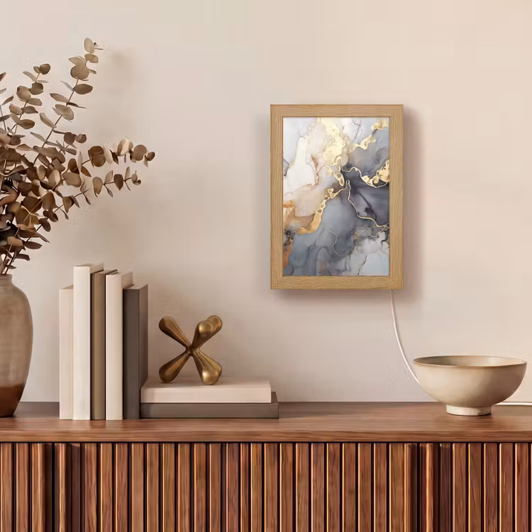 Marmer - Zwart - Goud - Wit Light Box met kabel (Tafellamp) klein -sfeer2