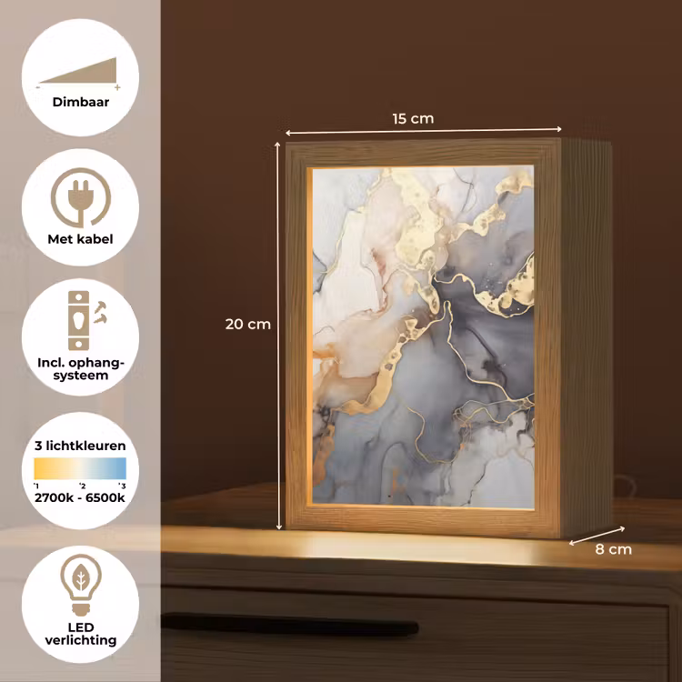 Marmer - Zwart - Goud - Wit Light Box met kabel (Tafellamp) klein -USP_NL