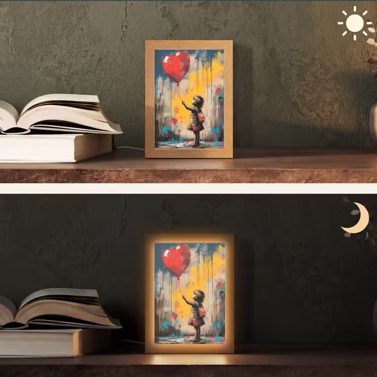Meisje - Ballon - Hart - Graffiti Light Box met kabel (Tafellamp) klein -sfeer3
