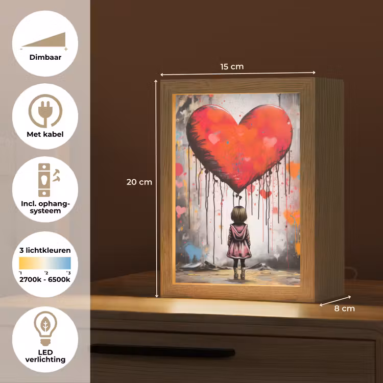 Meisje - Hart - Graffiti - Kunst - Kleuren - Rood Light Box met kabel (Tafellamp) klein -USP_NL