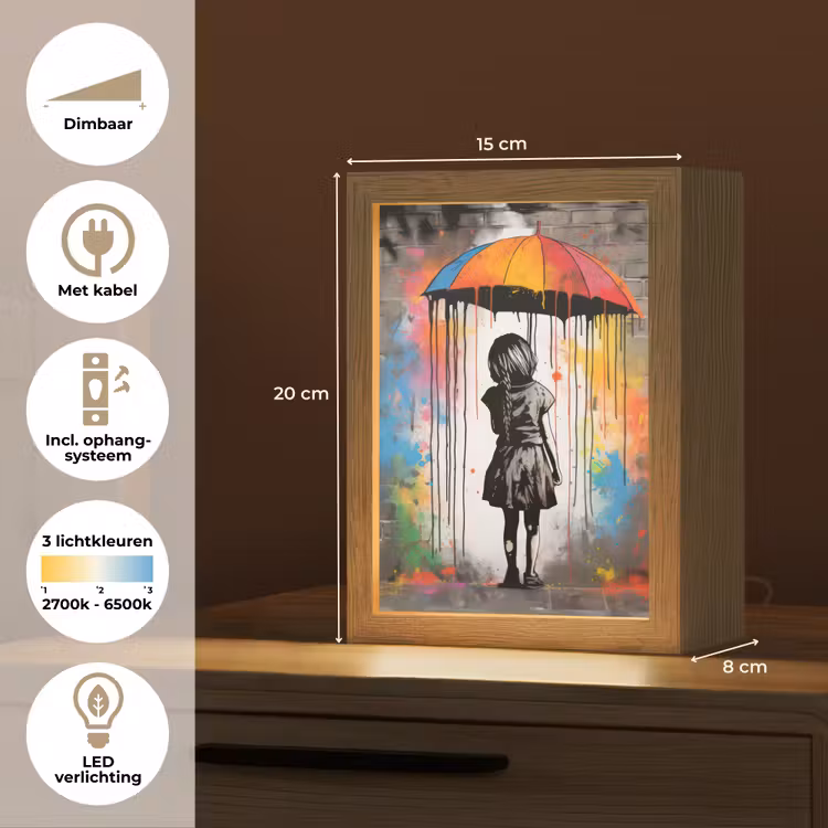 Meisje - Kunst - Paraplu - Graffiti - Kleuren - Muur Light Box met kabel (Tafellamp) klein -USP_NL