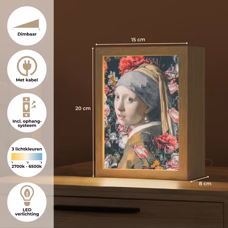 Meisje met de parel - Johannes Vermeer - Bloemen Light Box met kabel (Tafellamp) klein -USP_NL