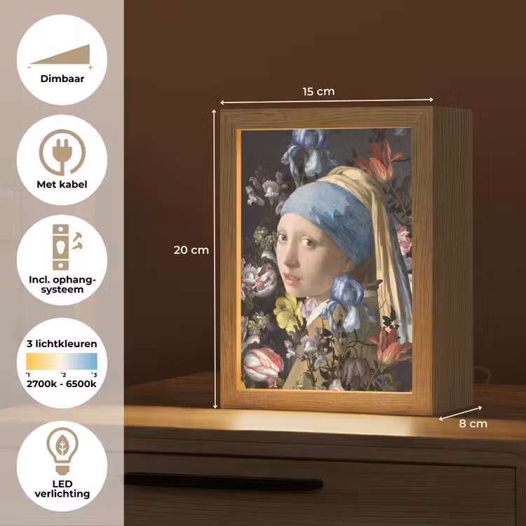 Meisje met de parel - Johannes Vermeer - Bloemen Light Box met kabel (Tafellamp) klein -USP_NL