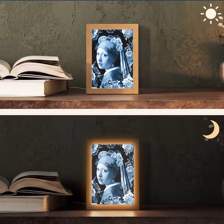 Meisje met de parel - Johannes Vermeer - Delfts blauw Light Box met kabel (Tafellamp) klein -sfeer3