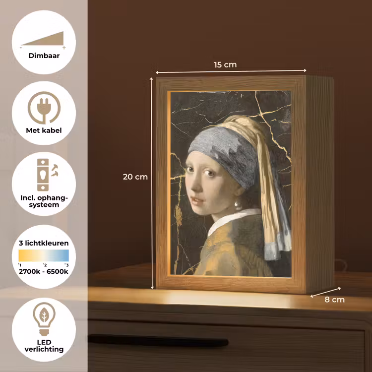 Meisje met de parel - Johannes Vermeer - Goud Light Box met kabel (Tafellamp) klein -USP_NL