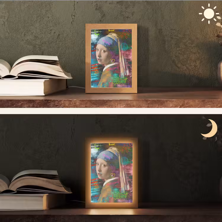 Meisje met de parel - Johannes Vermeer - Neon Light Box met kabel (Tafellamp) klein -sfeer3