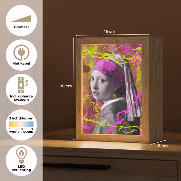 Meisje met de parel - Johannes Vermeer - Neon Light Box met kabel (Tafellamp) klein -USP_NL