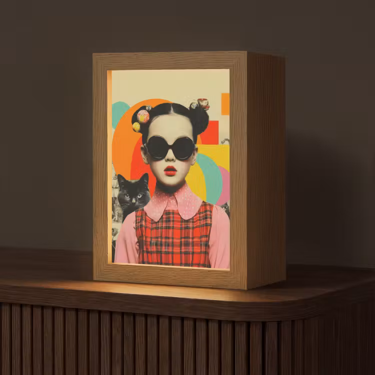 Meisje - Zonnebril - Kat - Retro Light Box met kabel (Tafellamp) klein -z3d_website