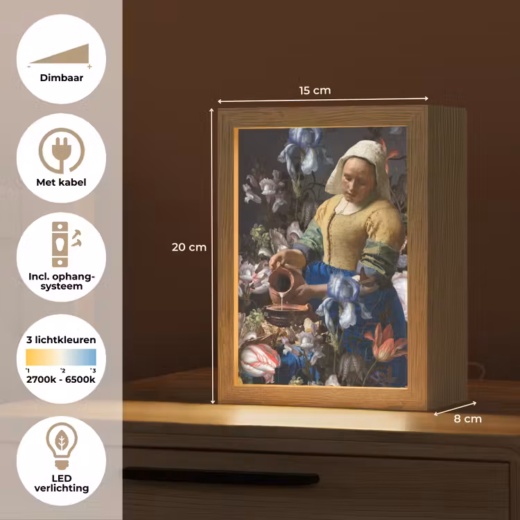 Melkmeisje - Johannes Vermeer - Bloemen Light Box met kabel (Tafellamp) klein -USP_NL