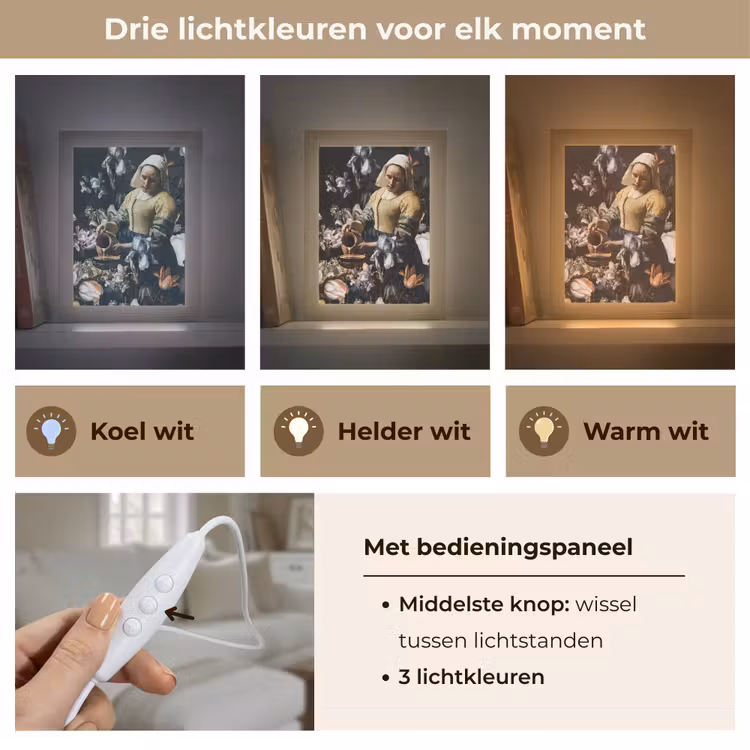 Melkmeisje - Johannes Vermeer - Bloemen - Blauw Light Box met kabel (Tafellamp) klein -USP_lichtkleurNL