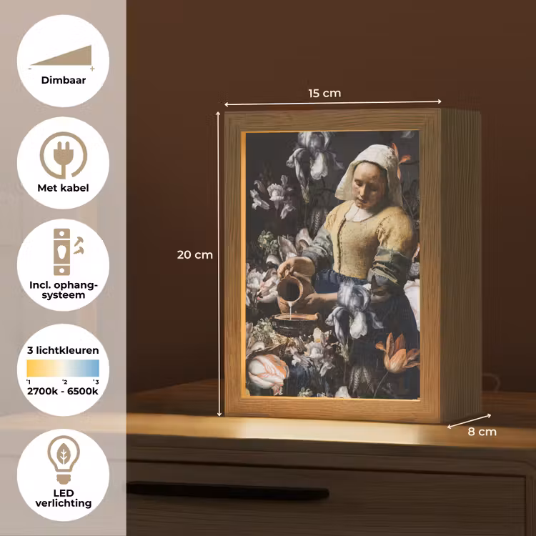 Melkmeisje - Johannes Vermeer - Bloemen - Blauw Light Box met kabel (Tafellamp) klein -USP_NL