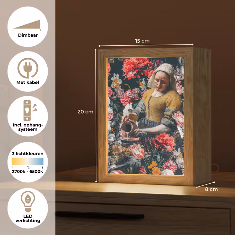 Melkmeisje - Johannes Vermeer - Bloemen - Roze Light Box met kabel (Tafellamp) klein -USP_NL