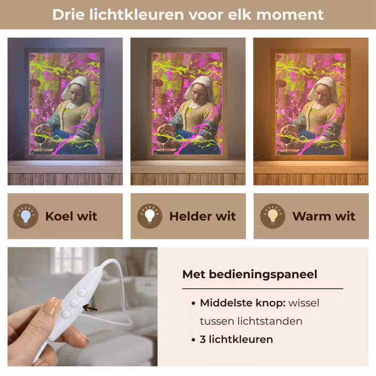 Melkmeisje - Johannes Vermeer - Neon Light Box met kabel (Tafellamp) klein -USP_lichtkleurNL