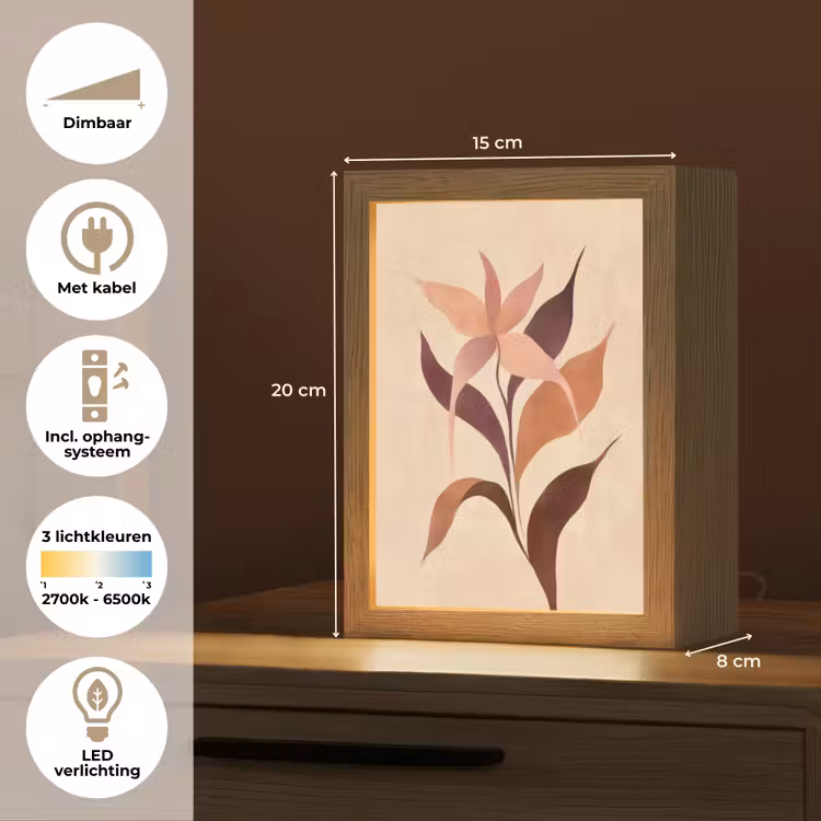 Minimalistisch - Bloem - Bladeren - Beige Light Box met kabel (Tafellamp) klein -USP_NL