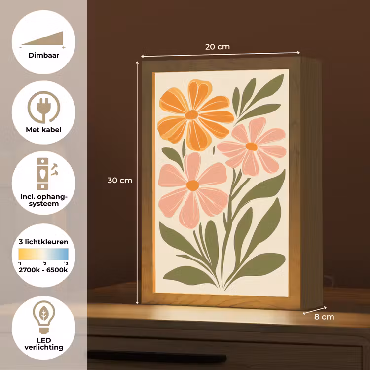 Minimalistisch - Bloemen - Bladeren - Roze Light Box met kabel (Tafellamp) klein -USP_NL