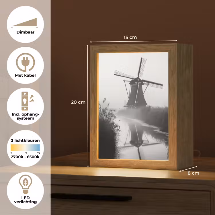 Molen - Weerspiegeling - Landschap - Water Light Box met kabel (Tafellamp) klein -USP_NL