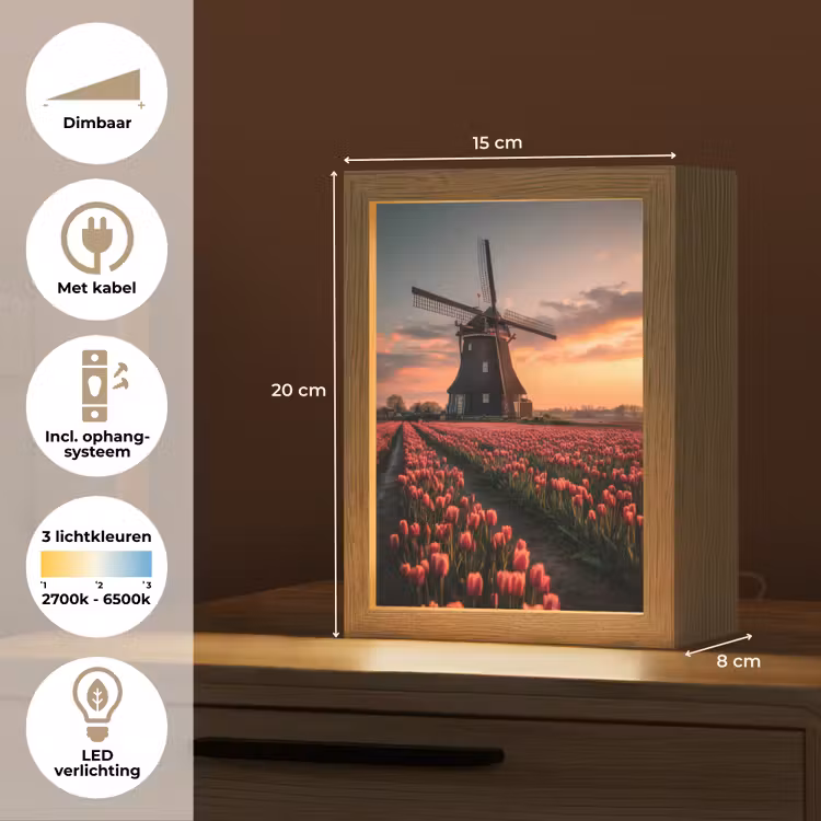 Molen - Zonsondergang - Tulpen - Rood Light Box met kabel (Tafellamp) klein -USP_NL