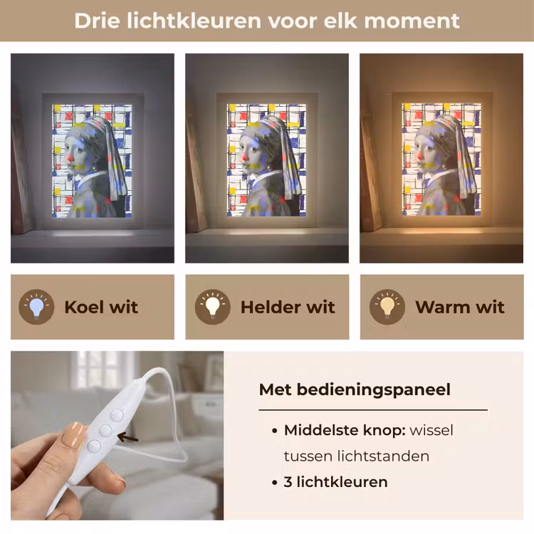 Mondriaan - Meisje met de parel - Collage Light Box met kabel (Tafellamp) klein -USP_lichtkleurNL
